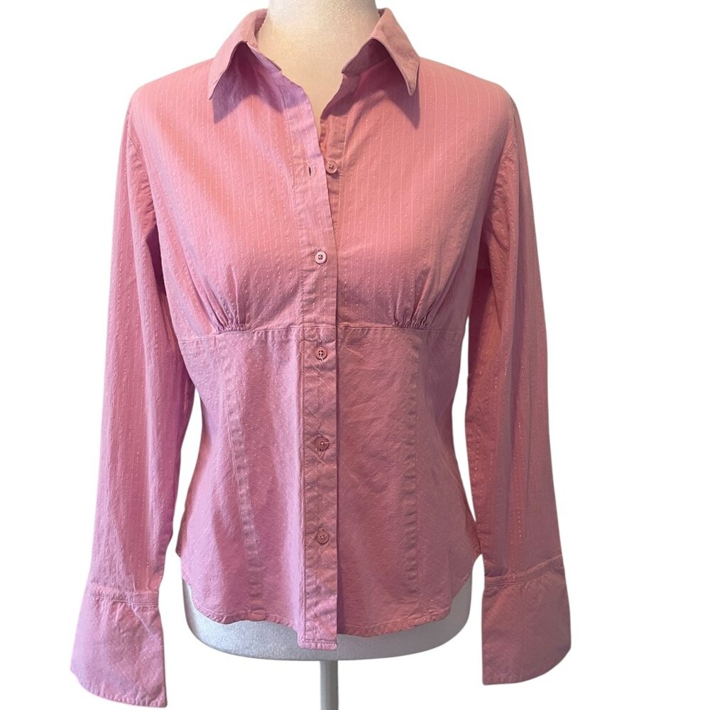 Tailored Button Down Blouse Y2K Classic Collar Long Sleeves Cotton Pink Junior L